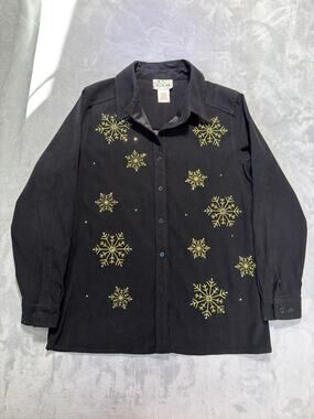 The Quacker Factory Snowflake Shirt Womens L Black Gold Rhinestone Button Up
